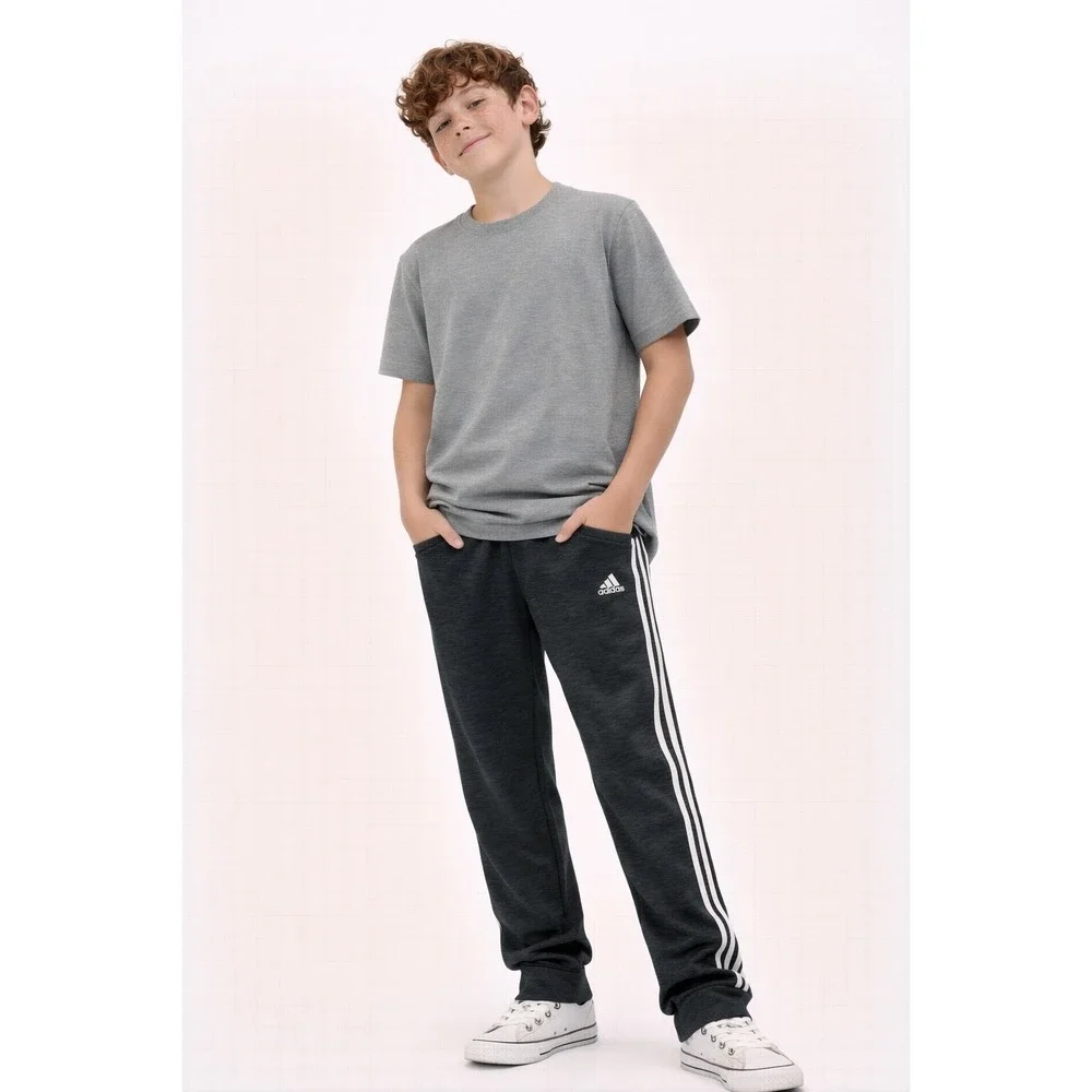 Adidas Joggers Boys Large Gray 3-Stripe Heathered Tapered Sweatpants Athleisure‎